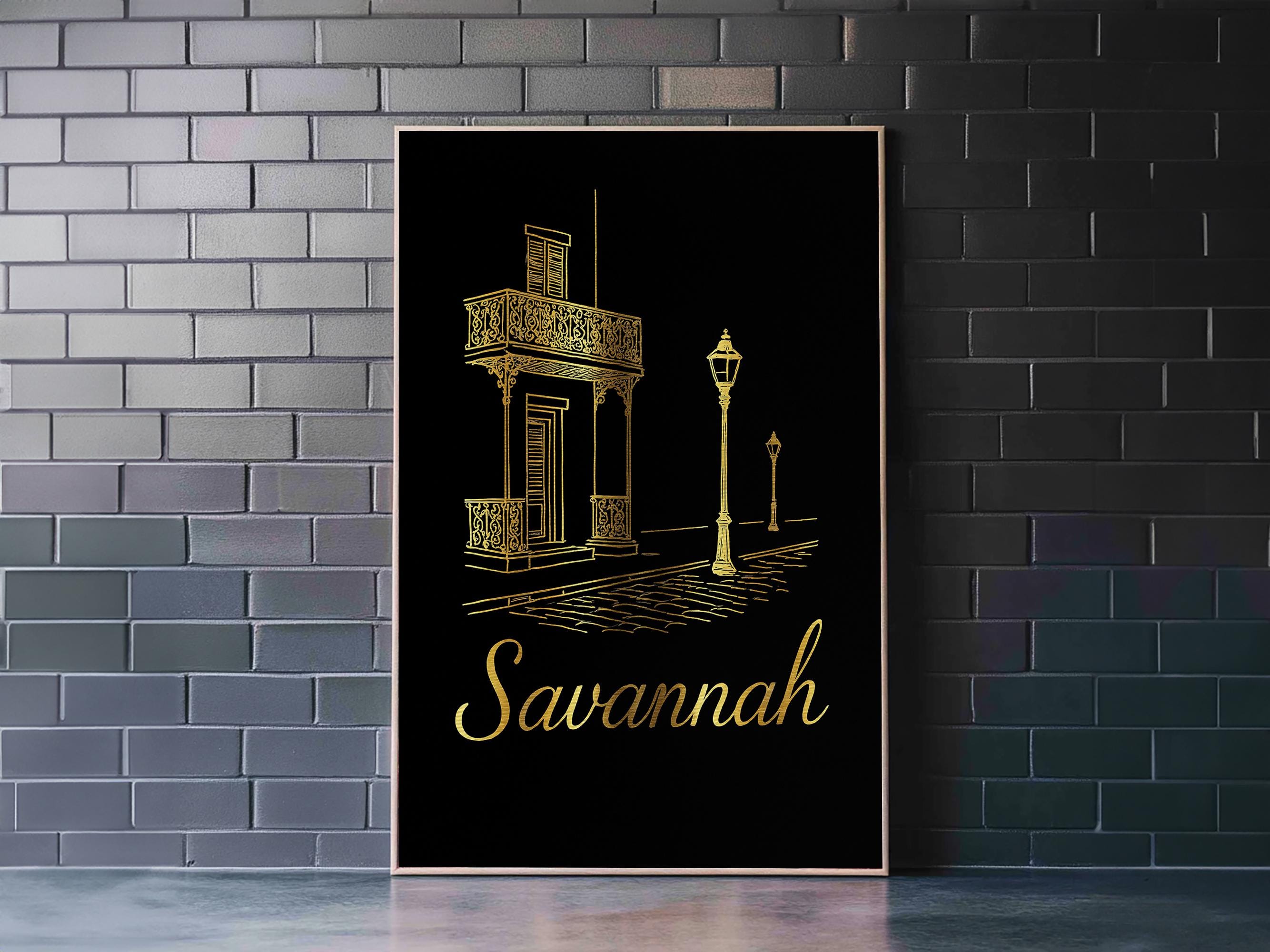 Savannah Travel Poster, Framed Canvas Print, Minimalist Gold Line