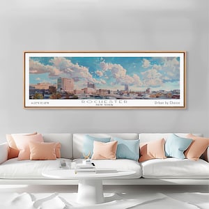 Impresión panorámica de Rochester Nueva York, impresión artística de lienzo enmarcado, cartel de viaje de la ciudad, decoración del hogar, arte de la pared de la oficina, regalo único