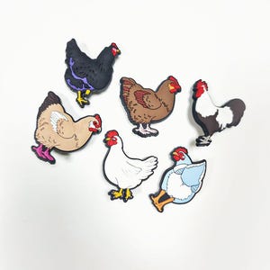 May include: A selection of seven chicken-shaped charms in various colours. The charms feature black, brown, white, and blue, with red combs and yellow feet. These decorative charms are suitable for crafting or adding a whimsical touch to accessories.