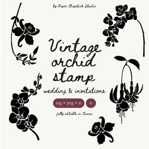 Op de afbeelding: Zwart-witte vintage orchidee stempelontwerpen voor bruiloften en uitnodigingen. De afbeelding bevat verschillende bloemenillustraties en de tekst "Vintage orchid stamp wedding & invitations". Het ontwerp is volledig bewerkbaar in Canva.