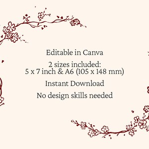 May include: Cream-colored digital design template with burgundy floral corner accents. Text reads: "Editable in Canva," "2 sizes included: 5 x 7 inch & A6 (105 x 148 mm)," "Instant Download," and "No design skills needed."