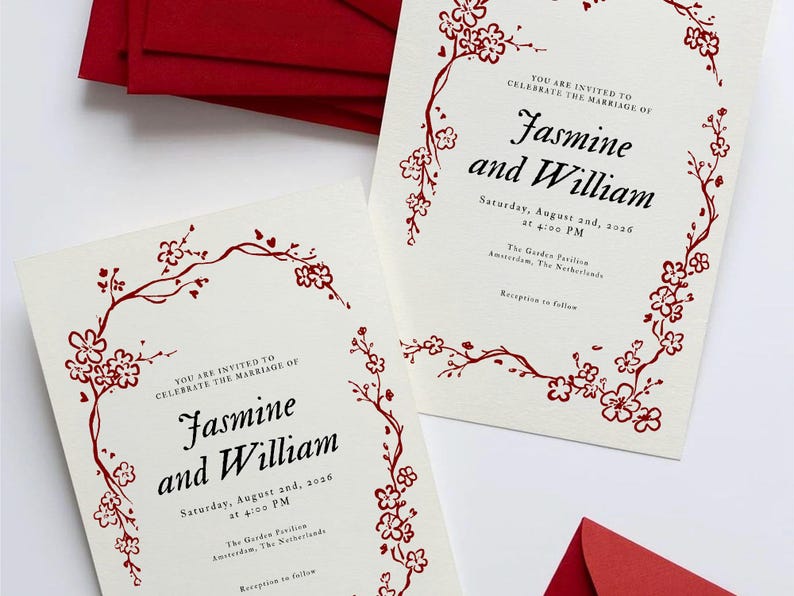 May include: Wedding invitations with floral border and text. The invitations are cream-colored with red floral accents and text that reads "Jasmine and William" and the wedding date and time. Red envelopes are visible.