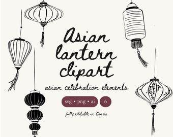 May include: A collection of black and white line art illustrations featuring five distinct hanging lanterns. The text reads: by Paper Chopstick Studio, Asian lantern clipart, asian celebration elements, svg png ai 6, fully editable in Canva.