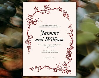 May include: Wedding invitation with a cream background and a floral border in a dark red hue. The text reads "Jasmine and William" with the date and time of the ceremony. The location is The Garden Pavilion, Amsterdam, The Netherlands.