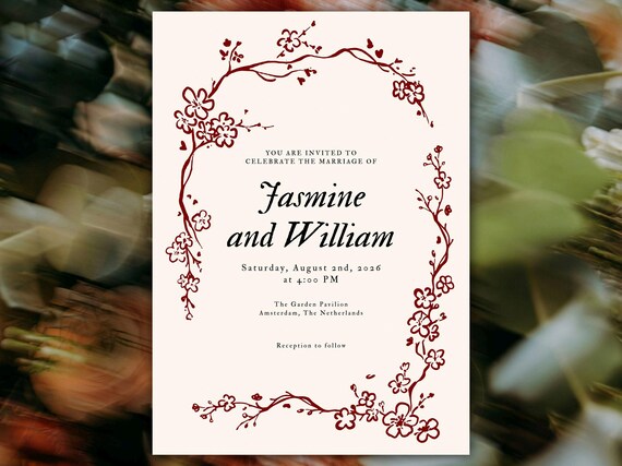 Minimalist Asian Wedding Invitation Template, Cherry Blossom Invite, Editable Canva Wedding Invite, 5x7 A6