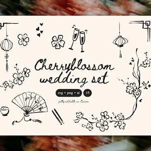 Op de afbeelding: Zwart-wit illustraties van kersenbloesems, lantaarns en champagneglazen. De tekst luidt "Cherryblossom wedding set" met bestandsinfo. Volledig bewerkbaar in Canva.