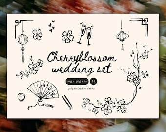 May include: Black and white illustrations of cherry blossoms, lanterns, champagne flutes, and a fan. The text reads "Cherryblossom wedding set" with file type information. Fully editable in Canva.