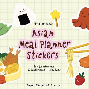 Op de afbeelding: Een verzameling stickers voor een Aziatische maaltijdplanner. De stickers bevatten illustraties van sushi, tempura, noedels en een octopus. De tekst luidt "Asian Meal Planner Stickers" en "+45 stickers".