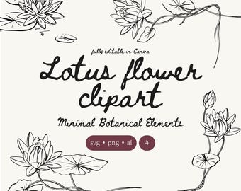 Lotus Flower Clipart Set | Water Lily Botanical Line Art for Logos & Invitations (PNG, SVG, AI)