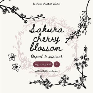 Op de afbeelding: Digitale illustratie met Sakura-kersenbloesemtakken en -bloemen in zwart en wit. De tekst "Sakura cherry blossom" staat in een handgeschreven lettertype, met "Elegant & minimal" eronder. Inclusief bestandstypen: svg, png, ai.
