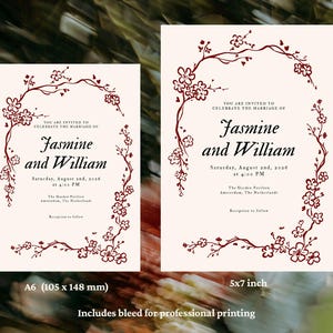 May include: Two wedding invitations with floral border designs. The invitations read "Jasmine and William" and include the wedding date and time. One invitation is A6 size (105 x 148 mm), the other is 5x7 inches.