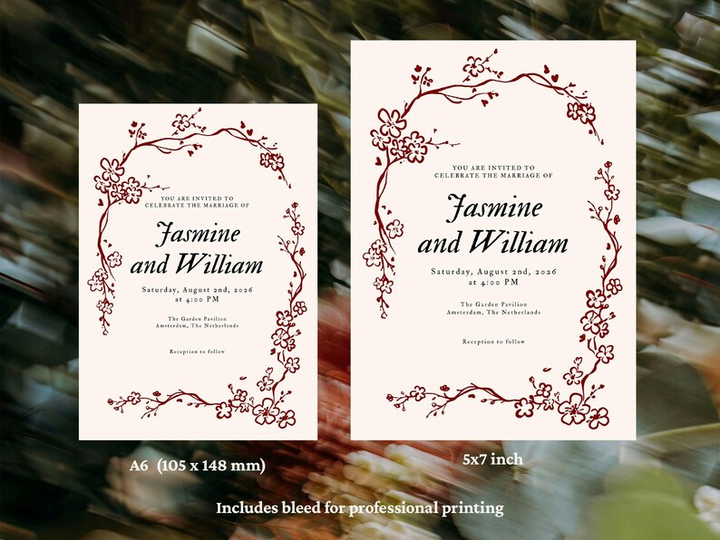 May include: Two wedding invitations with floral border designs. The invitations read "Jasmine and William" and include the wedding date and time. One invitation is A6 size (105 x 148 mm), the other is 5x7 inches.