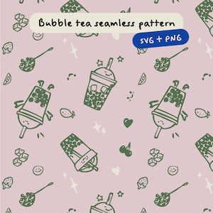 Op de afbeelding: Een naadloos patroon met groene bubble tea-illustraties op een roze achtergrond. Het ontwerp bevat bubble tea-bekers, lepels en voedselpictogrammen. De tekst op de afbeelding luidt "Bubble tea seamless pattern" en "SVG + PNG".