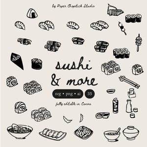 以下が含まれることがあります： 様々な寿司と日本食の黒と白の線画イラスト。中央に「sushi & more」の文字、下に「svg • png • ai 35」の文字。下部に「fully editable in Canva」の文字。