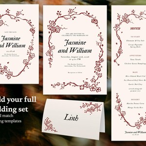 May include: A wedding stationery set featuring a save-the-date card, invitation, menu, and place card. Each piece has a cream background with burgundy floral accents and the names "Jasmine and William". The set includes the text "Build your full wedding set".