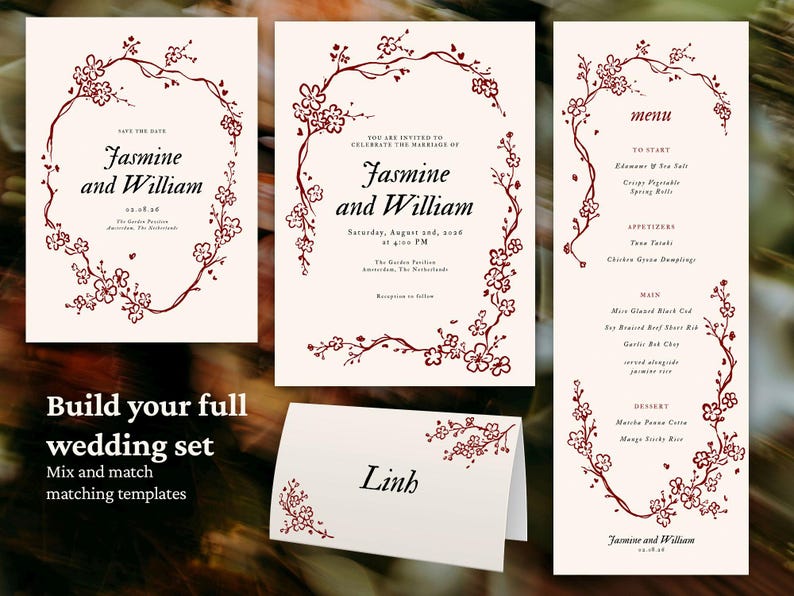 May include: A wedding stationery set featuring a save-the-date card, invitation, menu, and place card. Each piece has a cream background with burgundy floral accents and the names "Jasmine and William". The set includes the text "Build your full wedding set".