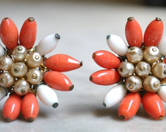 Castlecliff Orange & White Glass Bead Flower Earrings