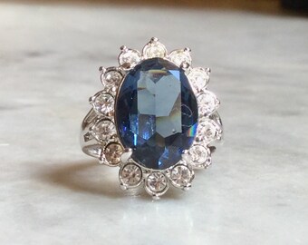 Sale! Gorgeous Faceted Sapphire and Rhinestone Cocktail Ring