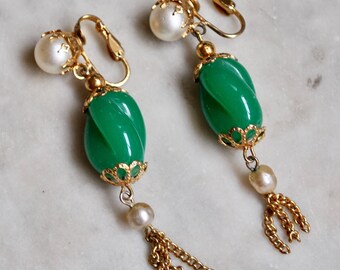 Sale! Pearl and Green Glass Dangle Earrings w/ Tassel