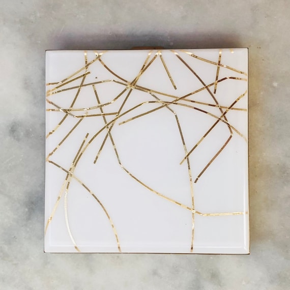 White and Gold Lucite Powder Compact