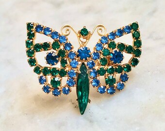 Sweet Blue and Green Rhinestone Butterfly Pin