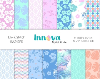 Lilo & Stitch Digital Paper: Tropical Pastel Patterns (Digital Download)