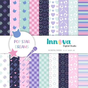 Peut inclure: Une collection de 18 papiers numériques intitulée Pop Star Dreams par Innova Digital Studio. Les motifs présentent des éléments répétitifs incluant des silhouettes de chats, des cœurs, des étoiles, des casques, des micros et des rayures pastel.