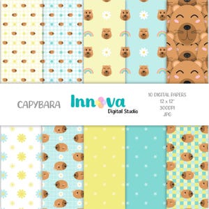 Capybara Digital Paper Pack: Yellow & Mint Pastel Patterns (12x12in, 300 dpi) (Digital Download