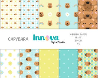 Capybara Digital Paper Pack: Yellow & Mint Pastel Patterns (12x12in, 300 dpi) (Digital Download
