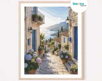 MEDITERRANEAN LANDESCAPE Cross-Stitch Pattern – Coastal Village with Hydrangeas (Digital PDF)
