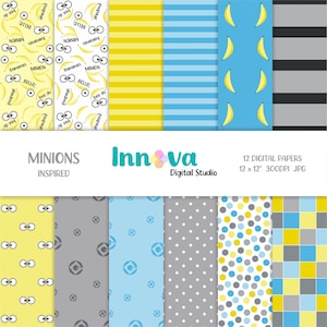 Papéis digitais inspirados em Minions, fundo de Minions, padrões de Minions. Arquivo para impressão, download instantâneo