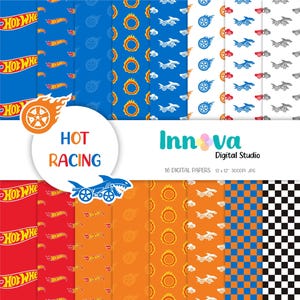 Pode incluir: Uma coleção de dezasseis papéis digitais com tema de corrida. Os papéis apresentam padrões de chamas, carros de corrida e o logotipo Hot Wheels em vermelho, laranja, azul e branco. O texto "HOT RACING" é exibido em um círculo branco.
