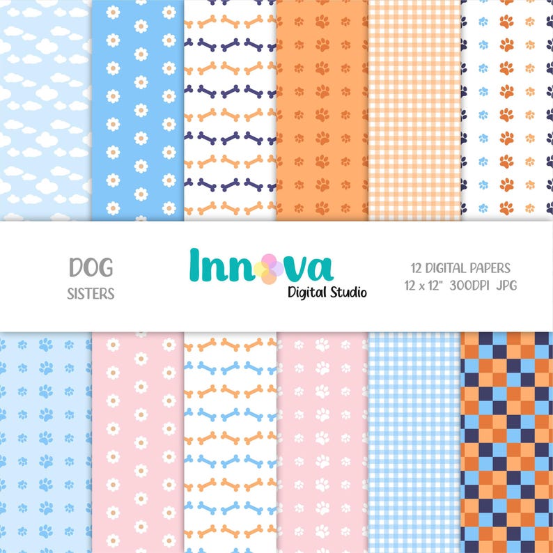May include: Twelve digital papers featuring various dog-themed patterns, including paw prints, bones, clouds, and gingham. The papers are 12 x 12 inches and 300 DPI.