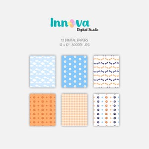 May include: Twelve digital papers featuring various dog-themed patterns. The patterns include paw prints, bones, clouds, and flowers. The papers are 12 inches by 12 inches and 300 DPI.