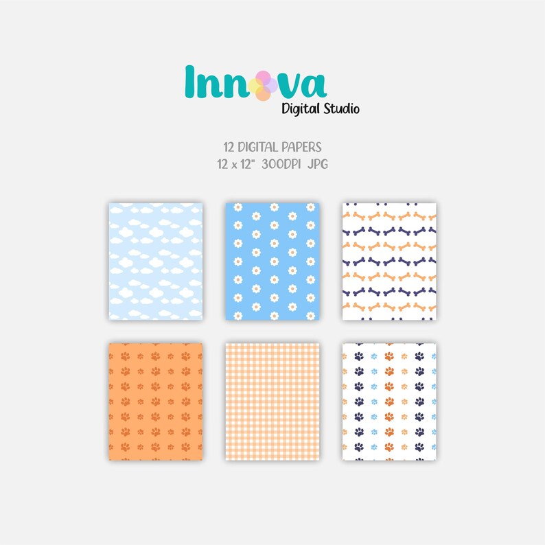 May include: Twelve digital papers featuring various dog-themed patterns. The patterns include paw prints, bones, clouds, and flowers. The papers are 12 inches by 12 inches and 300 DPI.