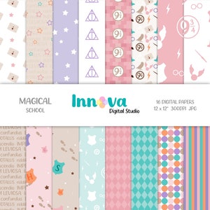 Documenti digitali rosa, menta e viola della Scuola Magica, Sfondo magico, Motivi magici. Mago, strega. File stampabile, download immediato