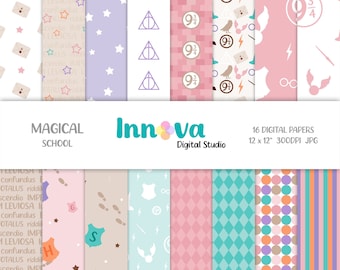Magical School Digital Paper: Pink, Mint, Purple Patterns (Instant Download)