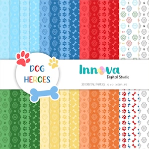May include: A collection of 30 digital papers with dog-themed patterns. The papers feature paw prints, bones, and badges in various colors, including blue, red, green, and yellow. The words "DOG HEROES" are displayed with paw prints and a bone graphic.