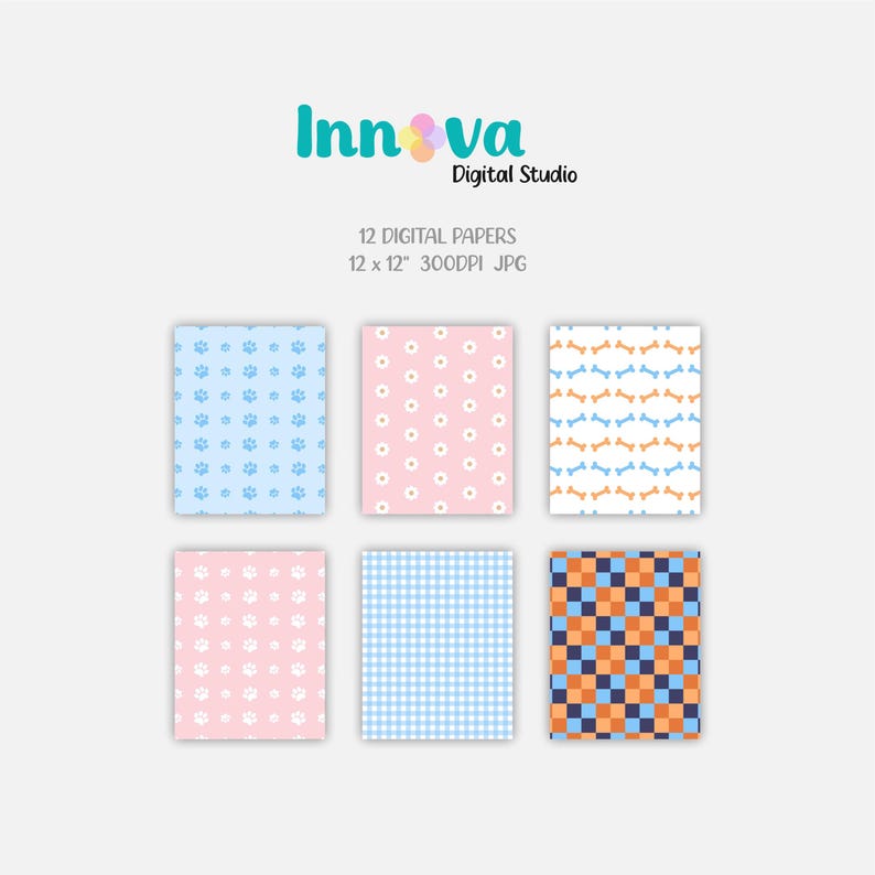 May include: Twelve digital papers with various patterns, including paw prints, flowers, bones, gingham, and checkered designs. The papers are 12 inches by 12 inches and 300 DPI.