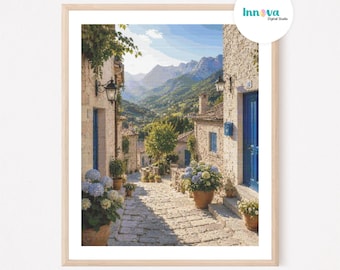 MEDITERRANEAN LANDESCAPE Cross-Stitch Pattern - Mountain Village with Hydrangeas (Digital PDF)