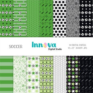 May include: A set of 14 digital papers featuring soccer-themed patterns. The patterns include green and white stripes, green and white stars, green and white soccer balls, black and white soccer balls, and a black and white soccer field with the words "GOAL!" repeated. The papers are 12 inches by 12 inches and 300 DPI.
