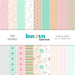 May include: A collection of 18 digital papers with various patterns, including lion cub illustrations, geometric shapes, and floral designs. The color palette includes pink, green, and peach tones. The text "Nala Inspired" and "Innova Digital Studio" are also visible.