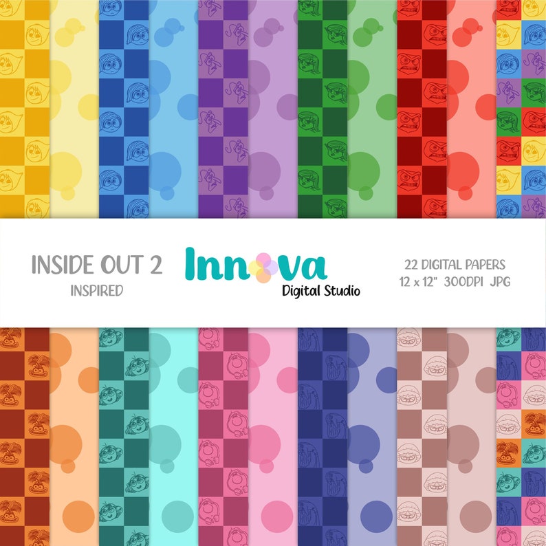 May include: A set of 22 digital papers inspired by the movie Inside Out 2. Each paper features a different character from the movie in a variety of colors and patterns. The papers are 12 inches by 12 inches and 300 DPI.