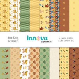 May include: A set of 16 digital papers with Lion King-themed designs. The papers showcase patterns with Simba, geometric shapes, and tropical leaves. The image includes the text "Lion King INSPIRED" and "Innova Digital Studio". Each paper measures 30.48 x 30.48 cm.