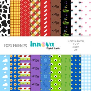 Puede incluir: Una colección de 18 papeles digitales con varios patrones. Los diseños incluyen estampado de vaca, cuadrícula amarilla, cruz roja, cuadros marrones, rayas rojas, texto Andy, Pizza Planet y caras de personajes.