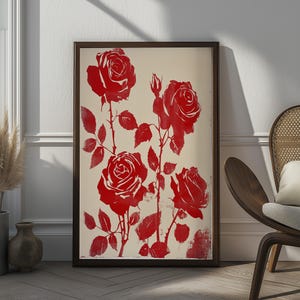 Impresión artística de rosas rojas, decoración de pared floral, póster de rosas vintage, diseño elegante de rosas para sala de estar, dormitorio, oficina, decoración romántica del hogar