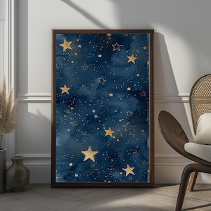 Sternenklare Nacht Wand Kunst Gold Sterne auf tiefblauen Aquarell Druck, Celestial Home Decor, Modernes Space Decor, Kosmische Kunst Poster, Verträumte Wandkunst