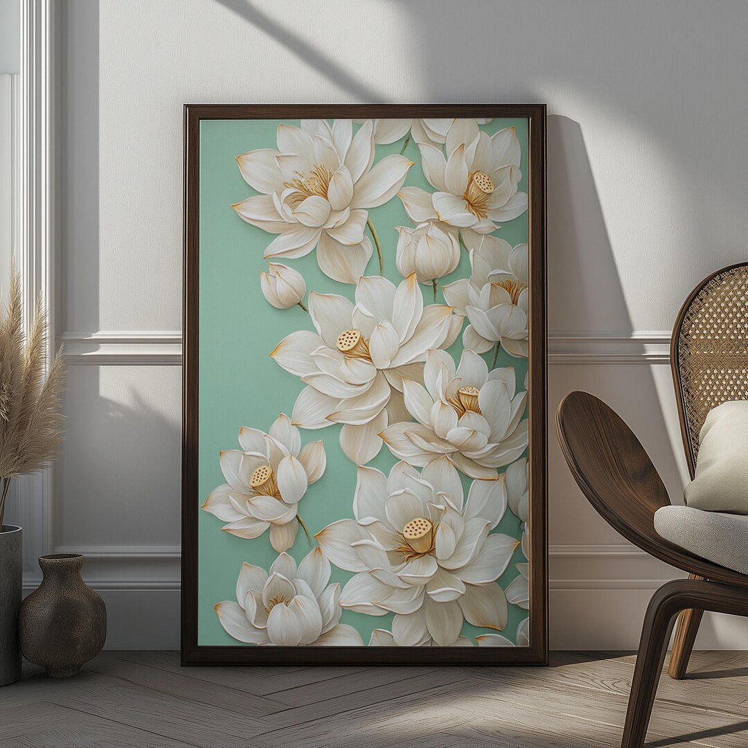 White Lotus Flower Art Print - Elegant Floral Wall Decor, Minimalist ...