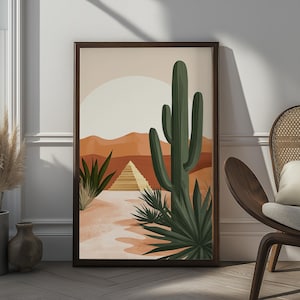 Wüsten Pyramide Kunst, Kaktus Landschaft Druck, Minimalistische südwestliche Wanddekoration, Boho Wüste Illustration, Moderne Natur Poster, Wüste Kunstwerk