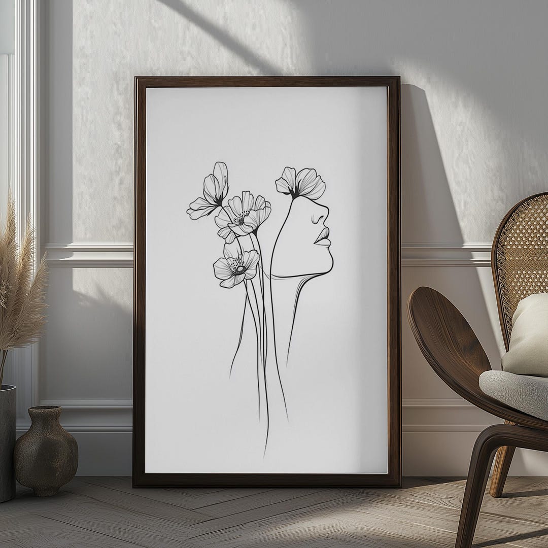Minimalist Floral Line Art Print, Woman's Face With Flowers, Elegant ...